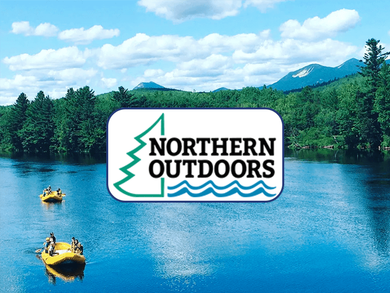 Northern outdoors logo over an image of people rafting in a Maine river, evergreens and mountains in the background