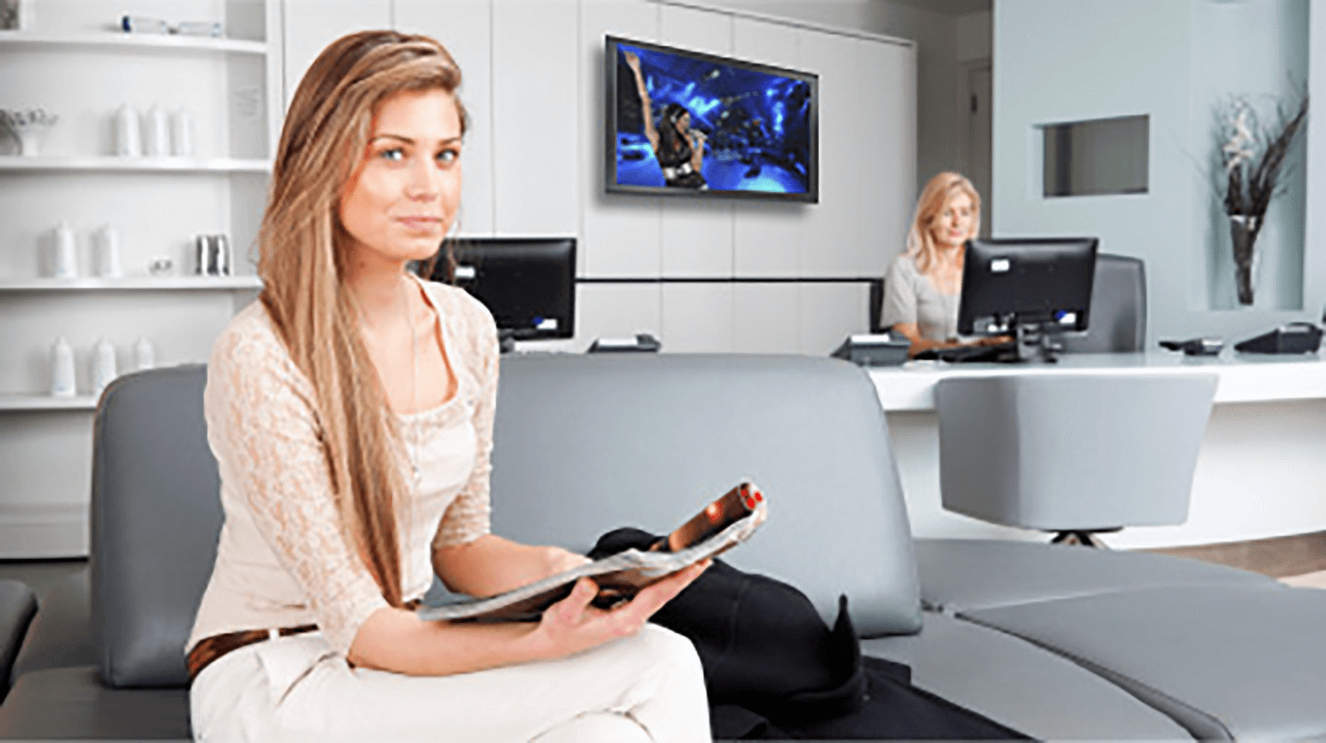 Women in waiting room with TV